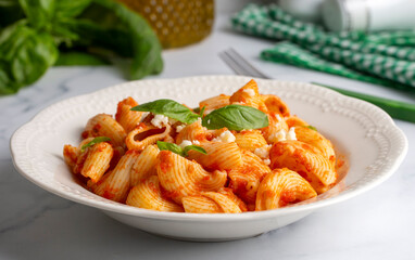 Tomato ravioli pasta or pipe rigate shaped pasta on the cheese