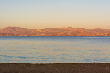 Logaras beach on Paros island. View of the Naxos coast. Cyclades, Greece