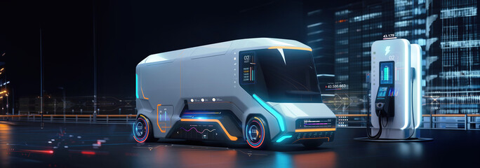futuristic electric delivery minivan truck driving in city highway with full self driving system parked at battery charging station network infrastructure wide banner hud datum with copy space