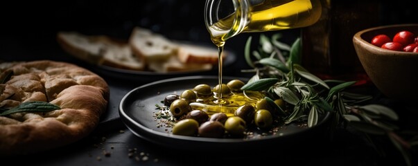 golden olive oil bottle pouring over green olives plate with thyme and aromatic herbs leaves , food menu commercial setup with focaccia bread as wide banner with copyspace area - obrazy, fototapety, plakaty