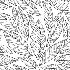 Fototapeta premium doodle outlines of leaves scattered chaotically on a seamless white background. sketch of leaves stylish square poster for interior