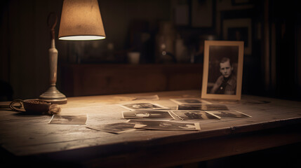 Timeless Memories: Vintage Photographs Spread on a Wooden Table Under the Warm Light of a Table LampAI generativ