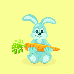 A blue rabbit sits and holds an orange carrot with green tops on a square yellow background in its paws. Painted animals. Individual objects. A cute toy. Vector illustration.