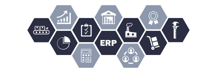 ERP vector illustration. Concept with connected icons related to enterprise resource planning software, system or interface, company management resources and corporate information or strategy.