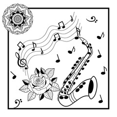 Vector illustration of a saxophone with rose and mandala for coloring book, illustrazione vettoriale con sassofono rosa e mandala da colorare per libro adulti