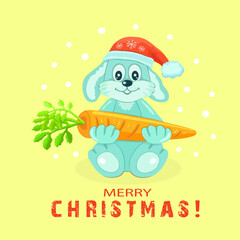 A blue rabbit in a New Year's red hat holds in its paws an orange carrot with green tops on a square yellow background with the inscription MERRY CHRISTMAS. Painted animals. Toy. Vector illustration.
