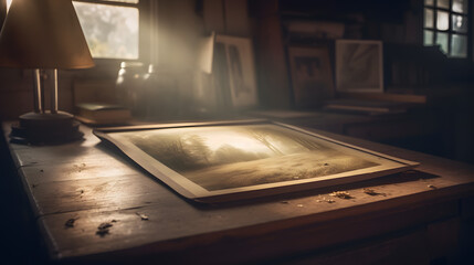 Timeless Memories: Vintage Photographs Spread on a Wooden Table Under the Warm Light of a Table LampAI generativ - obrazy, fototapety, plakaty