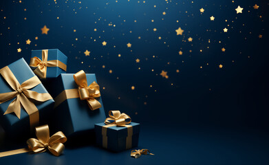 Blue Gifts with Golden Bows: A Festive Ensemble on a Starry Background