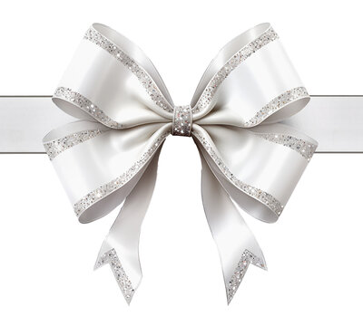 white ribbon and bow with silver sparkles isolated on transparent background. PNG file. AI generated