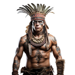 front view mid shot of a male Amazonian warrior isolated on a white transparent background  - obrazy, fototapety, plakaty