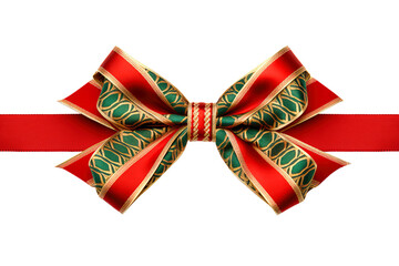 red ribbon and bow with traditional christmas design isolated on transparent background. PNG file. AI generated