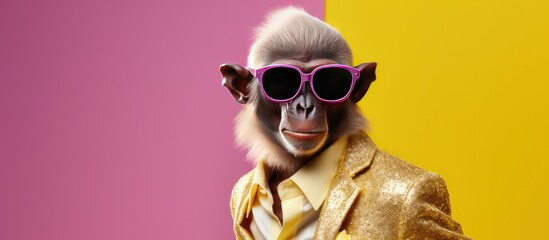 Fashionable cute monkey in clothes and wear a glasses isolated pink background. AI generated image - obrazy, fototapety, plakaty