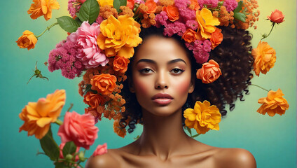Portrait of gorgeous black woman with flowers. Stunning brunette girl with big bouquet flowers of roses. face of young beautiful woman with a healthy clean skin. Pretty woman with bright makeup - obrazy, fototapety, plakaty