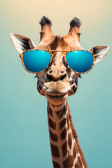 giraffe cartoon illustration, giraffe with sunglasses taking a selfie, fisheye effect,  - obrazy, fototapety, plakaty