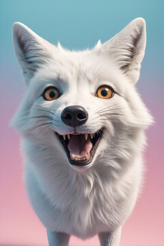 fox with sunglasses taking a selfie, fisheye effect, white fox cartoon illustration