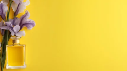 Möbelaufkleber Glass transparent perfume bottle mockup on bright yellow background with purple iris flower. Glamour advertisement banner, copy space. © Neira