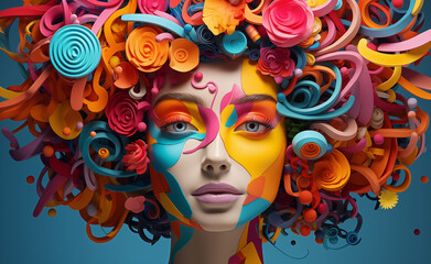 Woman with a creative mind interfacing with AI machine tools. Vibrant hues, dynamic shapes, and a blend of organic and technological elements.