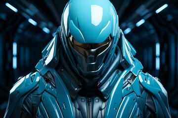 Automated being donned in shades of blue and armored plating. Robotic ninja or deadly cybernetic entity.