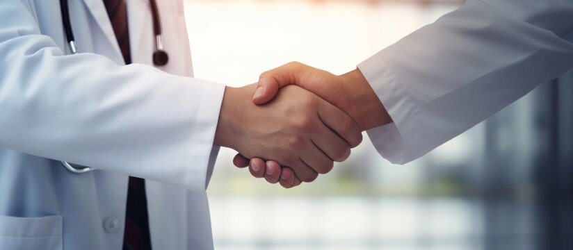 Doctor shaking hands with a patient in the hospital blur background. AI generated image