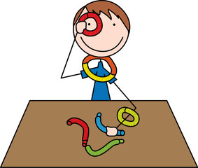 Cartoon illustration of a boy playing with pop tubes