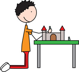 Cartoon illustration of a boy kneeling and playing with a castle on a table