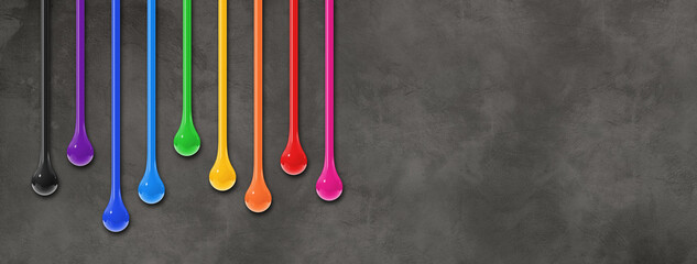 Colorful ink drops on dark concrete wall. Horizontal banner