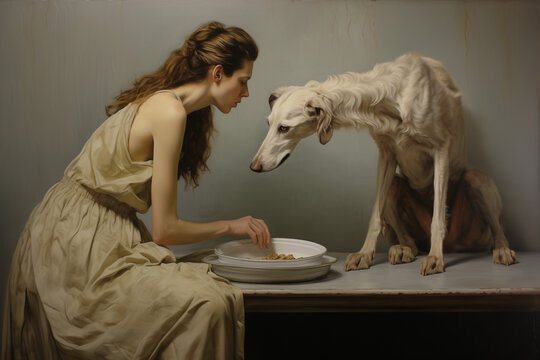 Peinture d'une femme hésitant à manger devant son lévrier, allégorie de l'anorexie mentale