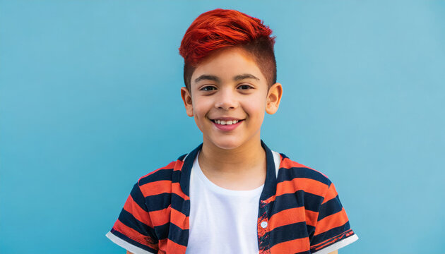 Red-haired boy posing on a blue background.