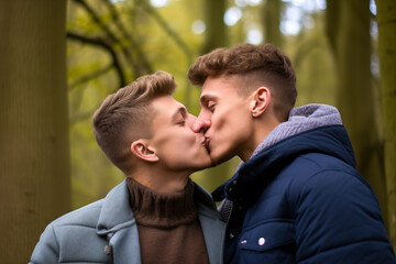 Young attractive male gay couple kissing
