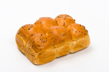 Close-up image of six  freshly baked burger buns,  isolated on white background