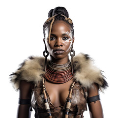 front view mid shot of a female Zulu warrior isolated on a white transparent background  - obrazy, fototapety, plakaty
