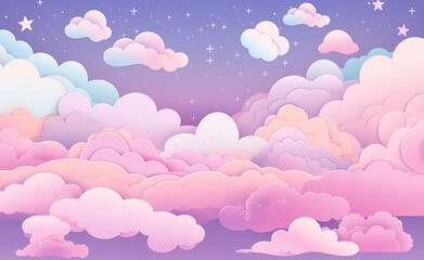 Kawaii Fantasy Pastel Colorful Sky with Clouds and Stars Background in a paper cut and paste style.
