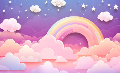 Kawaii Fantasy Pastel Colorful Sky with Clouds and Stars Background in a paper cut and paste style.