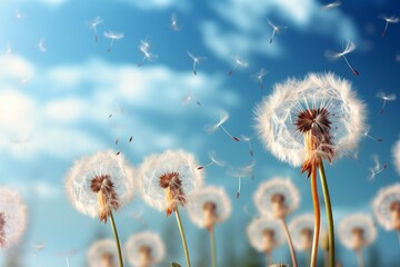 Dandelion seeds wafting skyward with a touch of light blue, exhibiting surrealist-fantasy aesthetics and intricate arrangements.