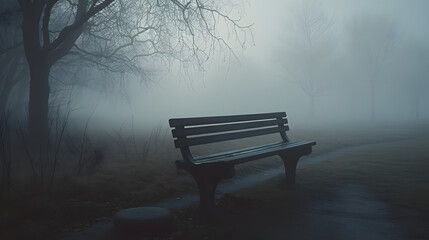 Enigmatic Mist-Enveloped Park with Solitary Bench at TwilightAI generativ - obrazy, fototapety, plakaty