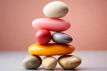 Stack of pebbles on a podium. soft color. Stones on top of each other. Minimalism. In colors