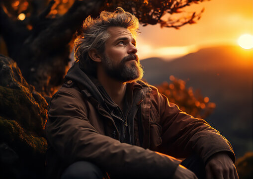 Mężczyzna odpoczywający w malowniczym zakątku natury, gdzie czas wydaje się zwalniać, a otaczające go piękno staje się źr&oacute;dłem wewnętrznego spokoju.