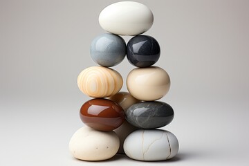 Grey and white rocks assembled in a stack, soft coloration. Rocks placed one upon another. Minimalistic approach. Captured in shades of grey.