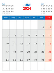 Calendar 2024 template - June 2024 year, week start on monday, Wall calendar 2024 design, Desk calendar template, corporate planner, Stationery, organizer diary, printing media, vector - obrazy, fototapety, plakaty