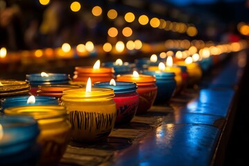 Memorial Day Remembrance. Serene Display of Blue and Yellow Candles for Honoring Fallen Heroes - obrazy, fototapety, plakaty