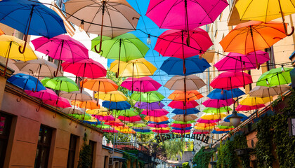 colorful umbrellas in the street - obrazy, fototapety, plakaty