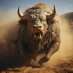 Afwasbaar fotobehang a bull running in the dirt © Aliaksandr Siamko