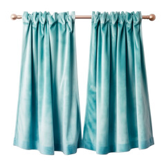 Short, blue, velvet curtains. Curtains in two parts. Isolated on a transparent background.