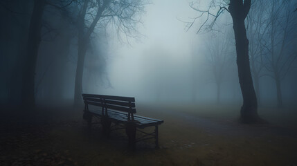 Enigmatic Mist-Enveloped Park with Solitary Bench at TwilightAI generativ