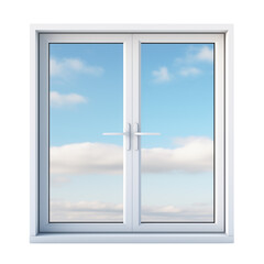 White window overlooking the blue sky. Rectangular, square window with a white frame. Isolated on a transparent background.