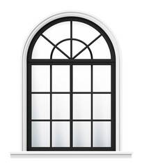Semicircular, arched, large, black and white window. Window with black and white frame. Isolated on a transparent background.