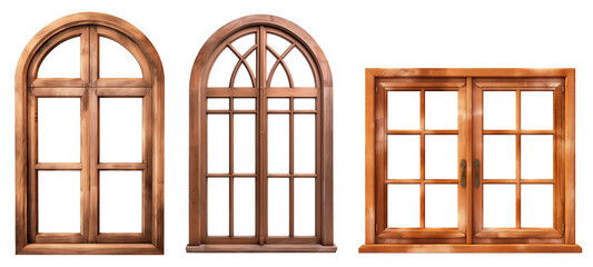 Set/collage of wooden windows of different shapes. Rectangular window with wooden frame. Semicircular arched window with wooden frame. Isolated on a transparent background. - obrazy, fototapety, plakaty