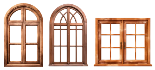 Fotobehang Set/collage of wooden windows of different shapes. Rectangular window with wooden frame. Semicircular arched window with wooden frame. Isolated on a transparent background. © Honey Bear