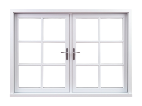 Rectangular, square window with a white frame. Large elegant white window. Isolated on a transparent background.
