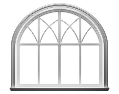 Wide semicircular window with a white frame. White large arched window. Isolated on a transparent background.